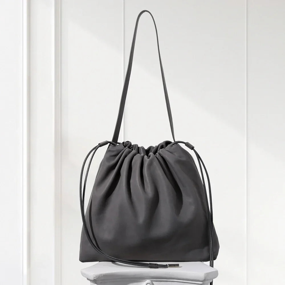 Minimalist Blue leather drawstring shoulder bag – stylish soft tote purse for women, wholesale near New York