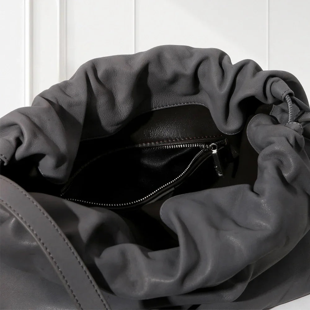 Minimalist grey leather drawstring shoulder bag – stylish soft tote purse for women, wholesale near New York