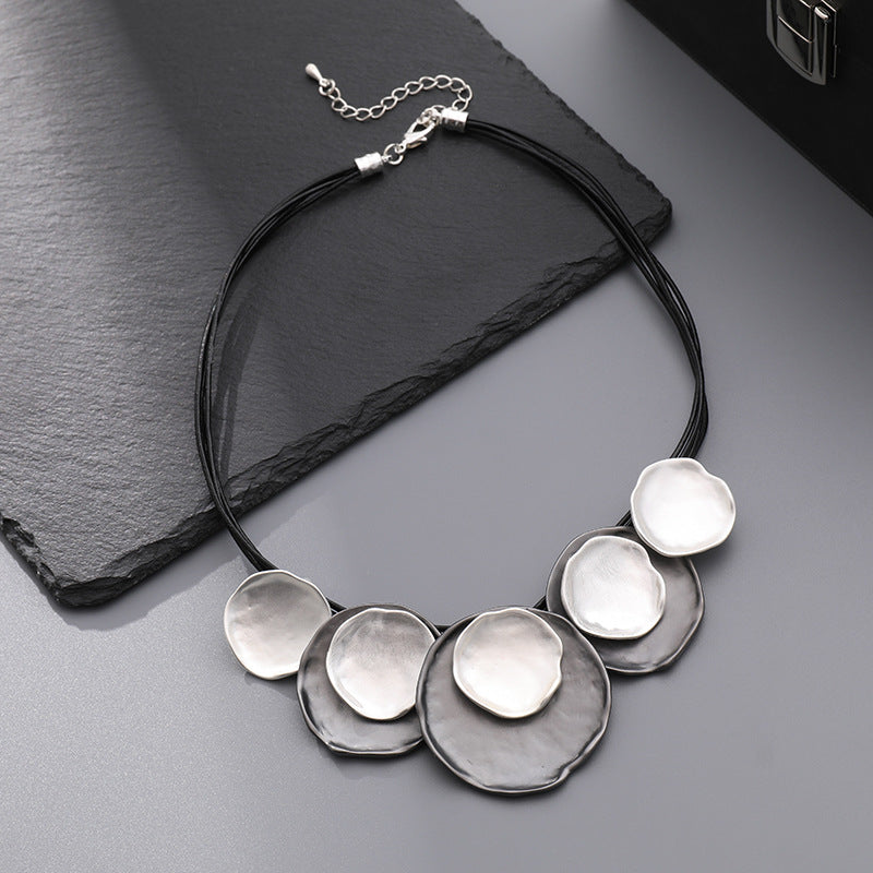 Modern Geometric Bib Statement Necklace Wavy Metallic Disc Pendant Multi-Layer Cord Choker