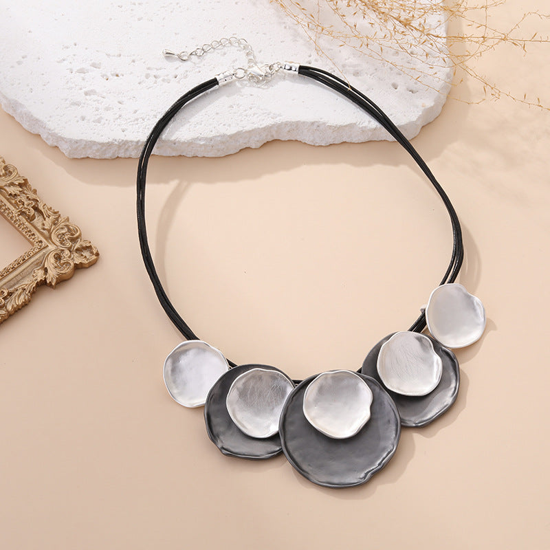 Modern Geometric Bib Statement Necklace Wavy Metallic Disc Pendant Multi-Layer Cord Choker