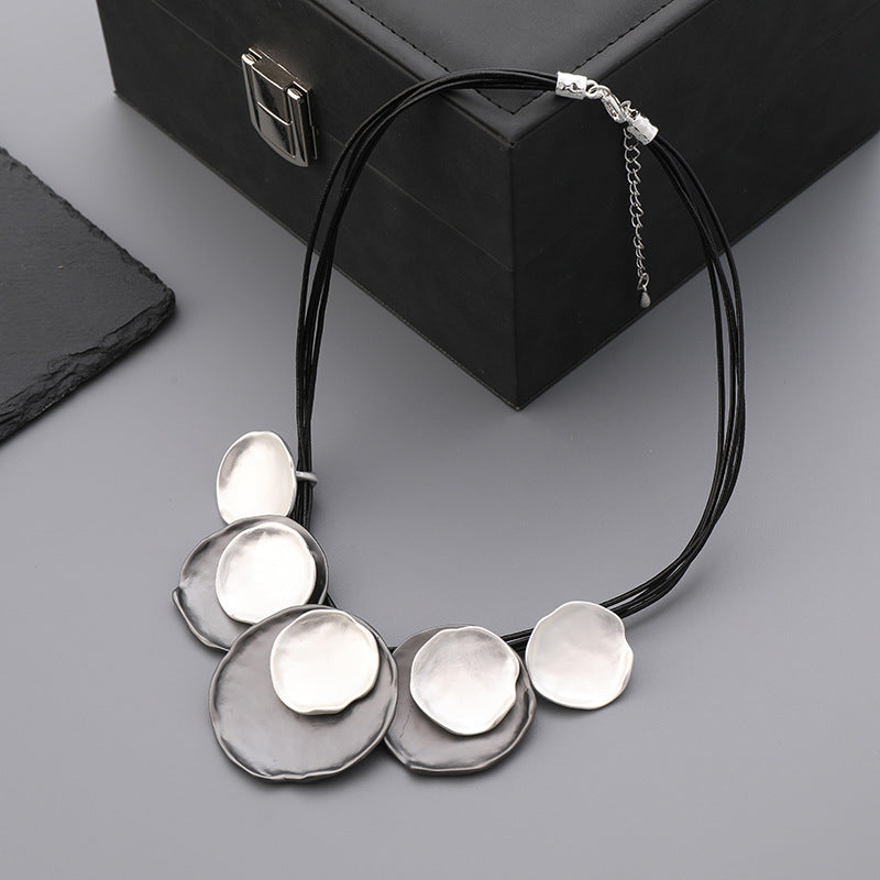 Modern Geometric Bib Statement Necklace Wavy Metallic Disc Pendant Multi-Layer Cord Choker