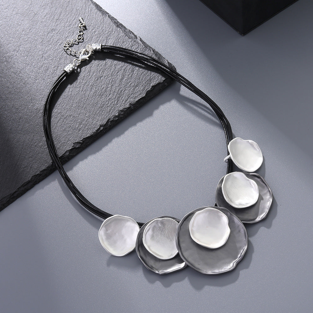 Modern Geometric Bib Statement Necklace Wavy Metallic Disc Pendant Multi-Layer Cord Choker