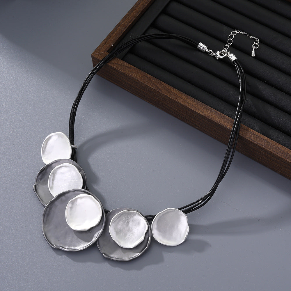 Modern Geometric Bib Statement Necklace Wavy Metallic Disc Pendant Multi-Layer Cord Choker
