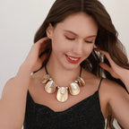 Modern Geometric Choker Necklace – Gold & Silver Statement Pendant on Black Cord,Wholesale