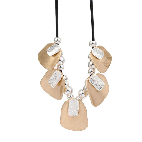 Modern Geometric Choker Necklace – Gold & Silver Statement Pendant on Black Cord,Wholesale