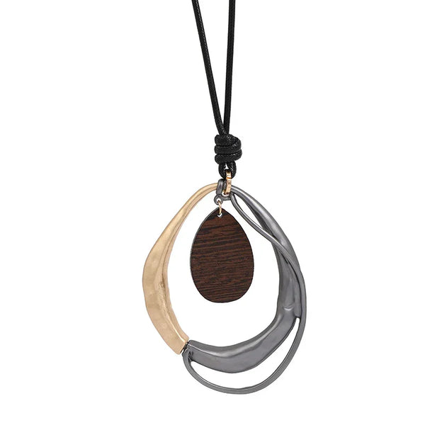 Mixed Metal & Wood Drop on Black Cord | Artistic Statement Necklace,Wholesale