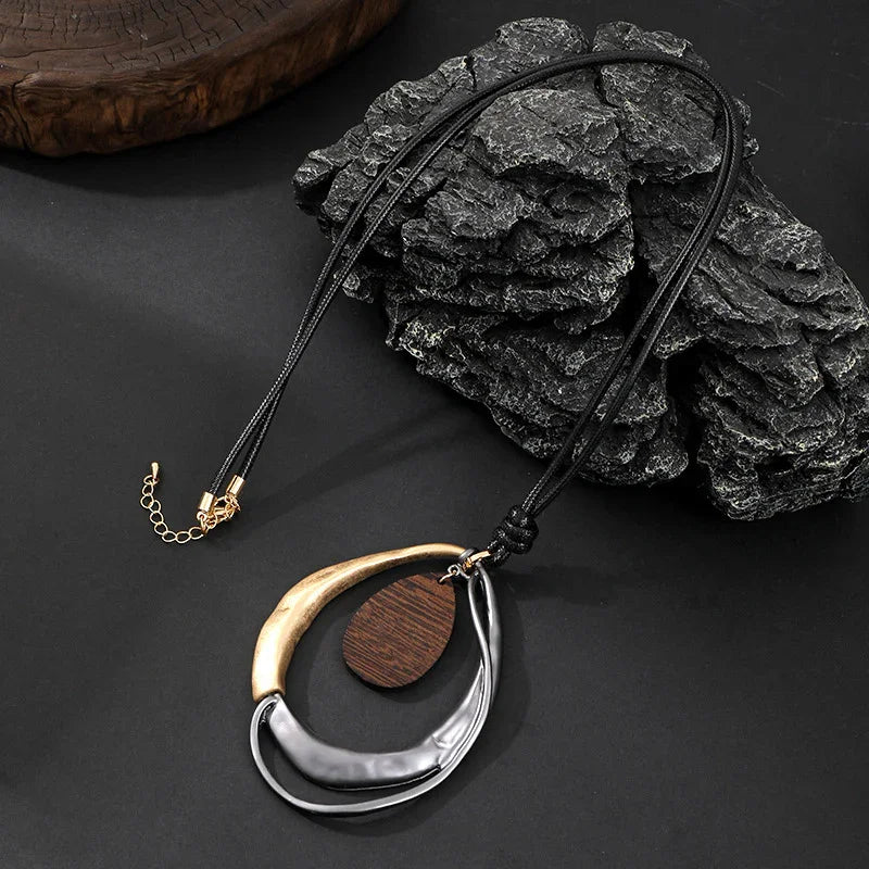 Chunky Statement Necklace – Mixed Metal & Wood Drop on Black Cord