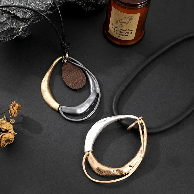 Mixed Metal & Wood Drop on Black Cord | Artistic Statement Necklace,Wholesale