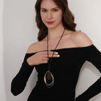 Chunky Statement Necklace – Mixed Metal & Wood Drop on Black Cord