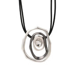 Futuristic Layered Pendant Necklace with Clear Crystal Center – Silver & Black Tones