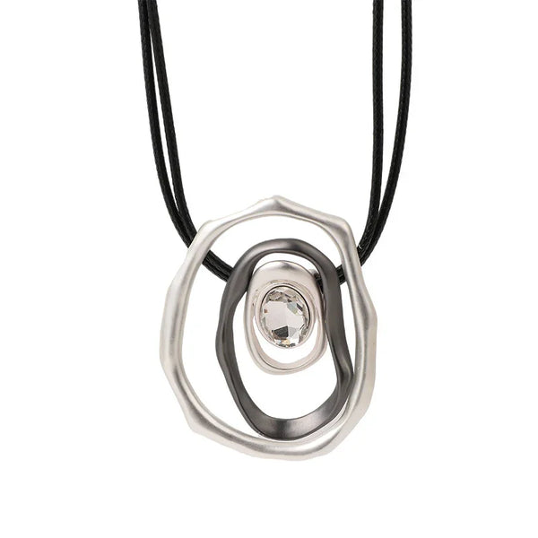 Futuristic Layered Pendant Necklace with Clear Crystal Center – Silver & Black Tones