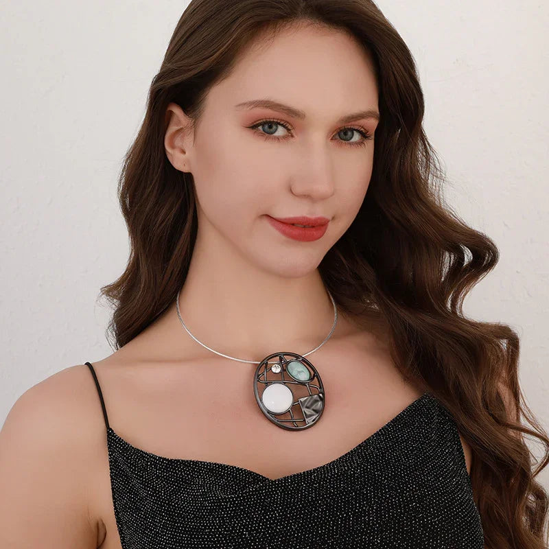 Gold Modern Geometric Pendant with Mother of Pearl, Resin & Crystal – Elegant Statement Jewelry