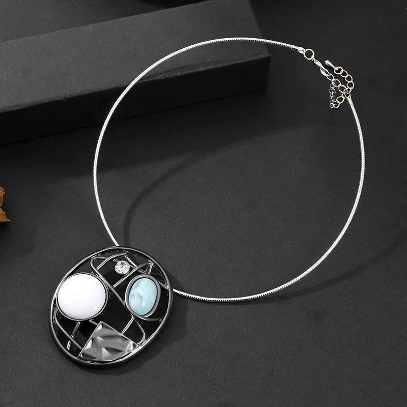 Gold Modern Geometric Pendant with Mother of Pearl, Resin & Crystal – Elegant Statement Jewelry