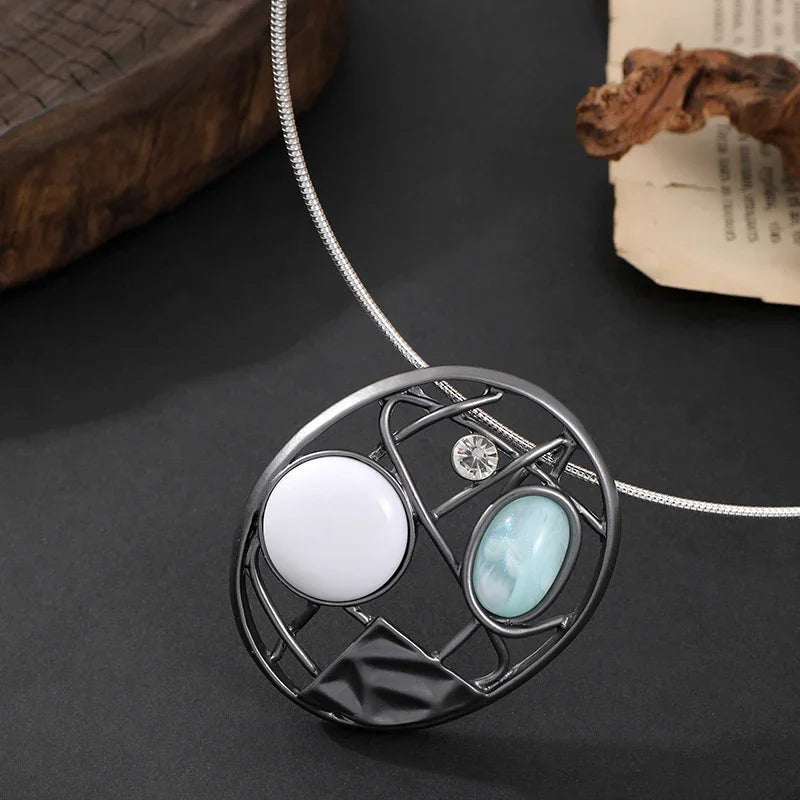 Gold Modern Geometric Pendant with Mother of Pearl, Resin & Crystal – Elegant Statement Jewelry