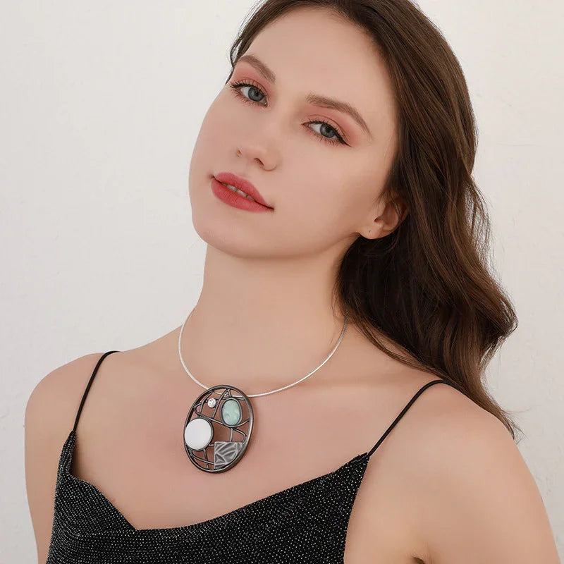 Gold Modern Geometric Pendant with Mother of Pearl, Resin & Crystal – Elegant Statement Jewelry