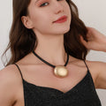 Bold Gold Pendant Necklace for Women – Chunky Art Jewelry on Black Leather Cord
