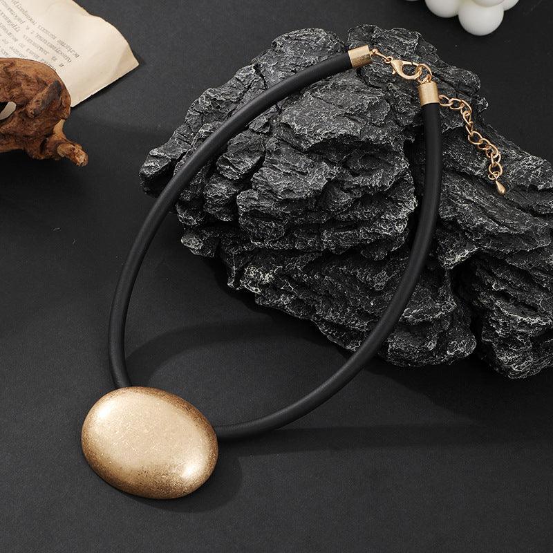 Bold Gold Pendant Necklace for Women – Chunky Art Jewelry on Black Leather Cord