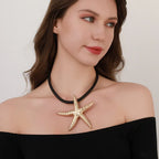 Starfish Pendant Necklace for Women Textured Gold Charm on Black Chain