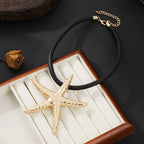 Starfish Pendant Necklace for Women Textured Gold Charm on Black Chain