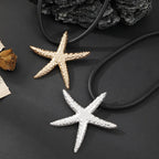 Starfish Pendant Necklace for Women Textured Gold Charm on Black Chain