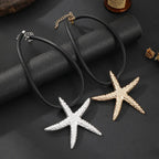 Starfish Pendant Necklace for Women Textured Gold Charm on Black Chain
