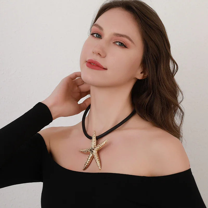 Starfish Pendant Necklace for Women  Textured Gold Charm on Black Chain