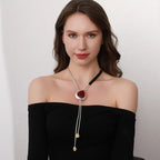 Modern Boho Statement Necklace with Red Resin Pendant and Adjustable Leather Cord