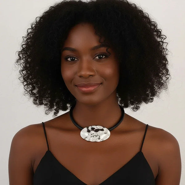 Modern Abstract Silver Oval Pendant Necklace