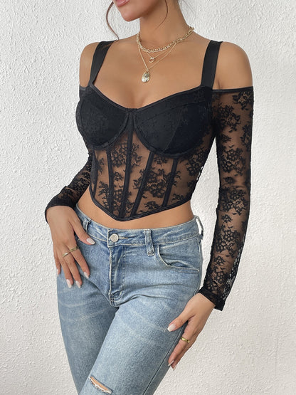 Women Mesh Top Lace Crop Top Long Sleeve Sheer Blouse Mesh Shirts Sexy Going Out Tops