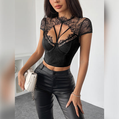 Dames bodysuit Elegante kanten overall Sexy zwarte mesh bodycon