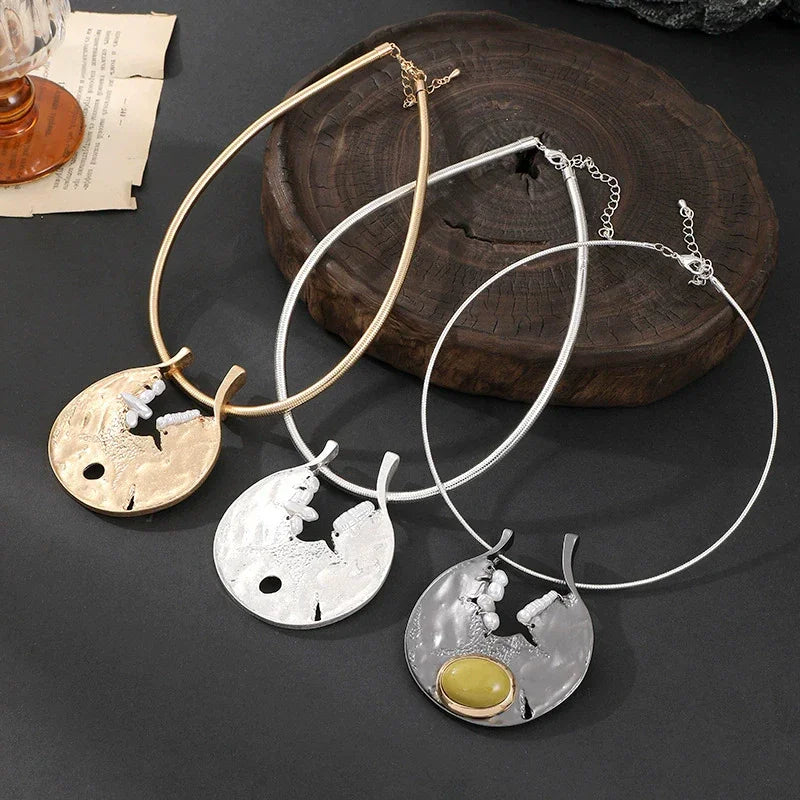 Bold gold pendant silver necklace with round artistic design and pearl accents – women’s fashion jewelry near New York, shop civibuy.com