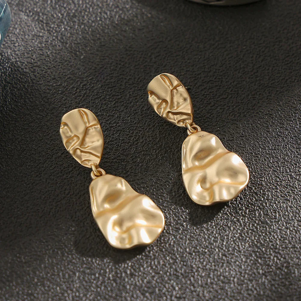 Gold Plated Surgical Steel Double Drop Dangle Earrings - Brushed Sculpted Look - CIVIBUY