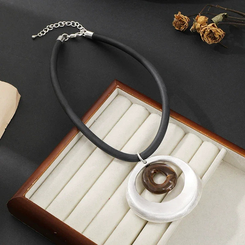 Necklace Women Chain Double Circle Round Pendant