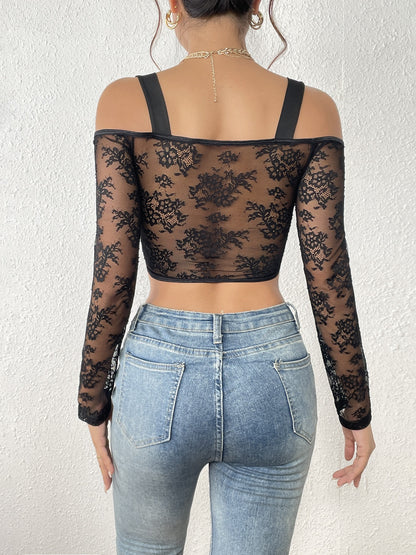 Women Mesh Top Lace Crop Top Long Sleeve Sheer Blouse Mesh Shirts Sexy Going Out Tops