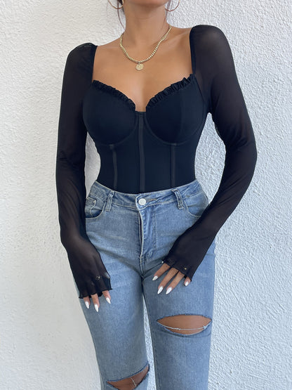 Black Sheer Long-Sleeve Bodysuit – Sexy Corset-Style Lingerie for Women