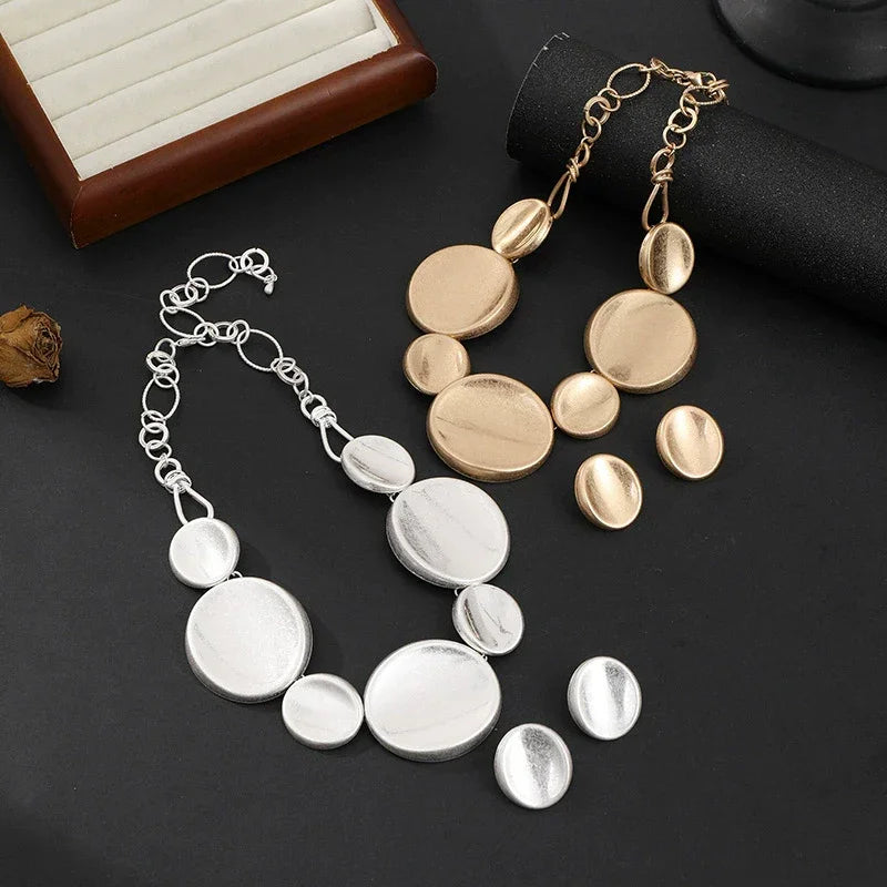 Minimalist Layered Necklace Set  Zinc Alloy Geometric Disc Earring+Pendant set for Women