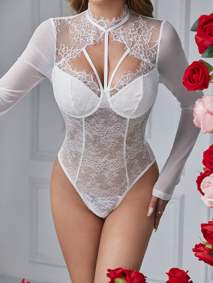 White Lace Sheer Bodysuit – Elegant Long Sleeve Lingerie with Underwire Bustier & Strappy Detail