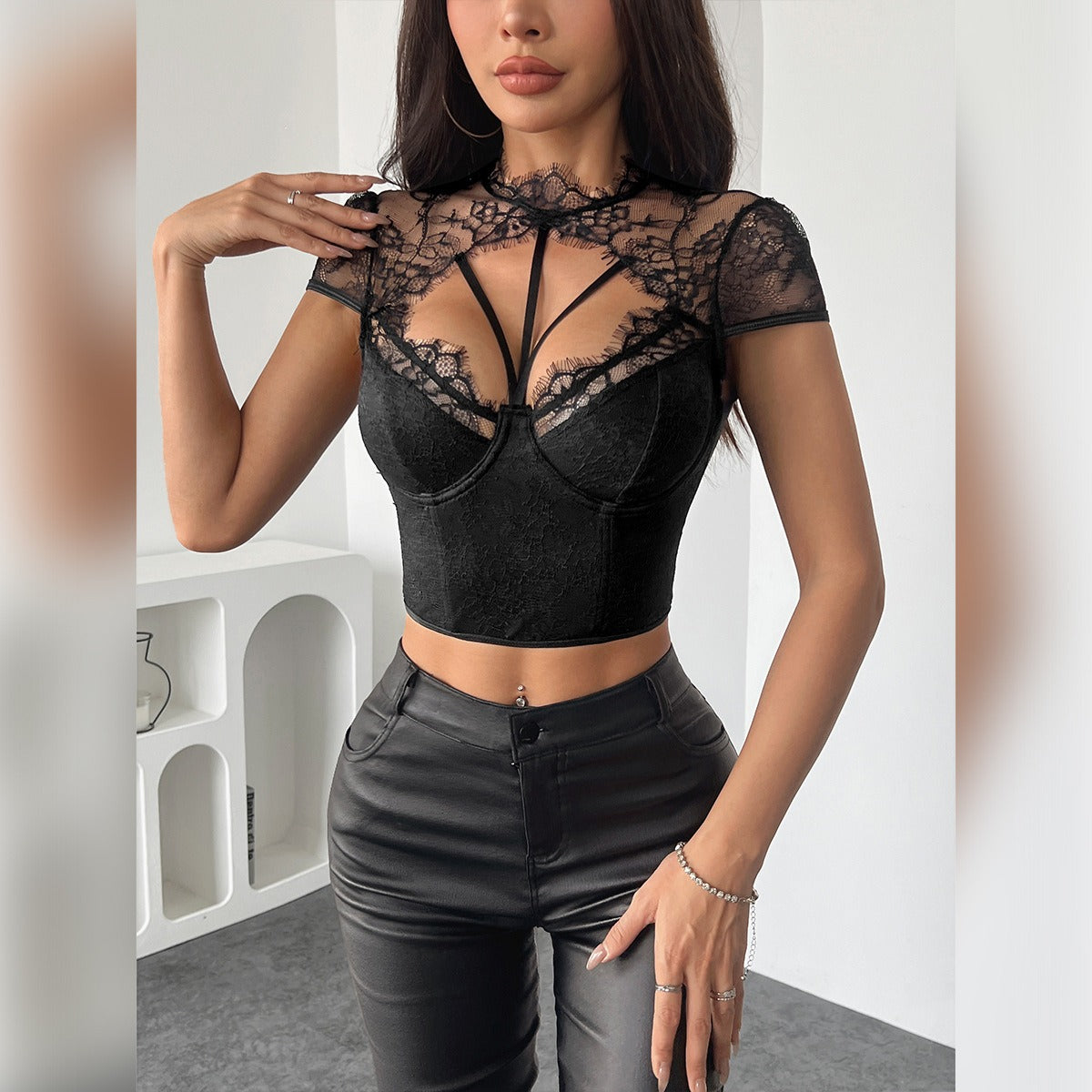 Dames bodysuit Elegante kanten overall Sexy zwarte mesh bodycon