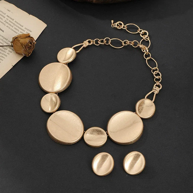 Minimalist Layered Necklace Set  Zinc Alloy Geometric Disc Earring+Pendant set for Women