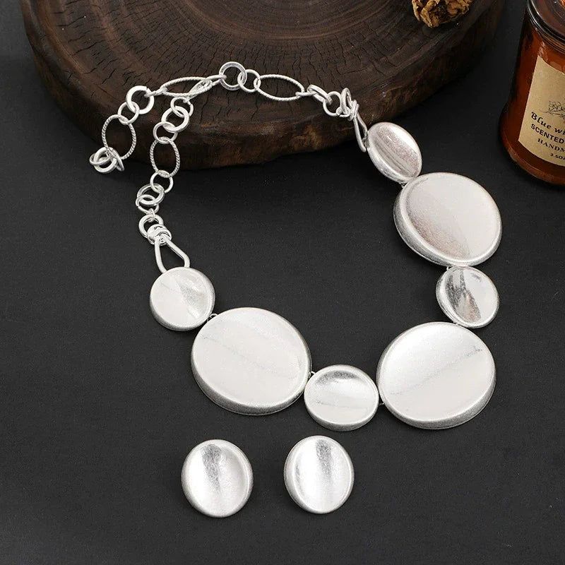 Minimalist Layered Necklace Set  Zinc Alloy Geometric Disc Earring+Pendant set for Women
