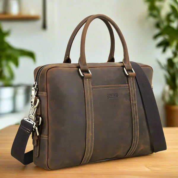Brown Leather Briefcase Mens 14 inch Leather Laptop Bag Computer School Distressed Bag