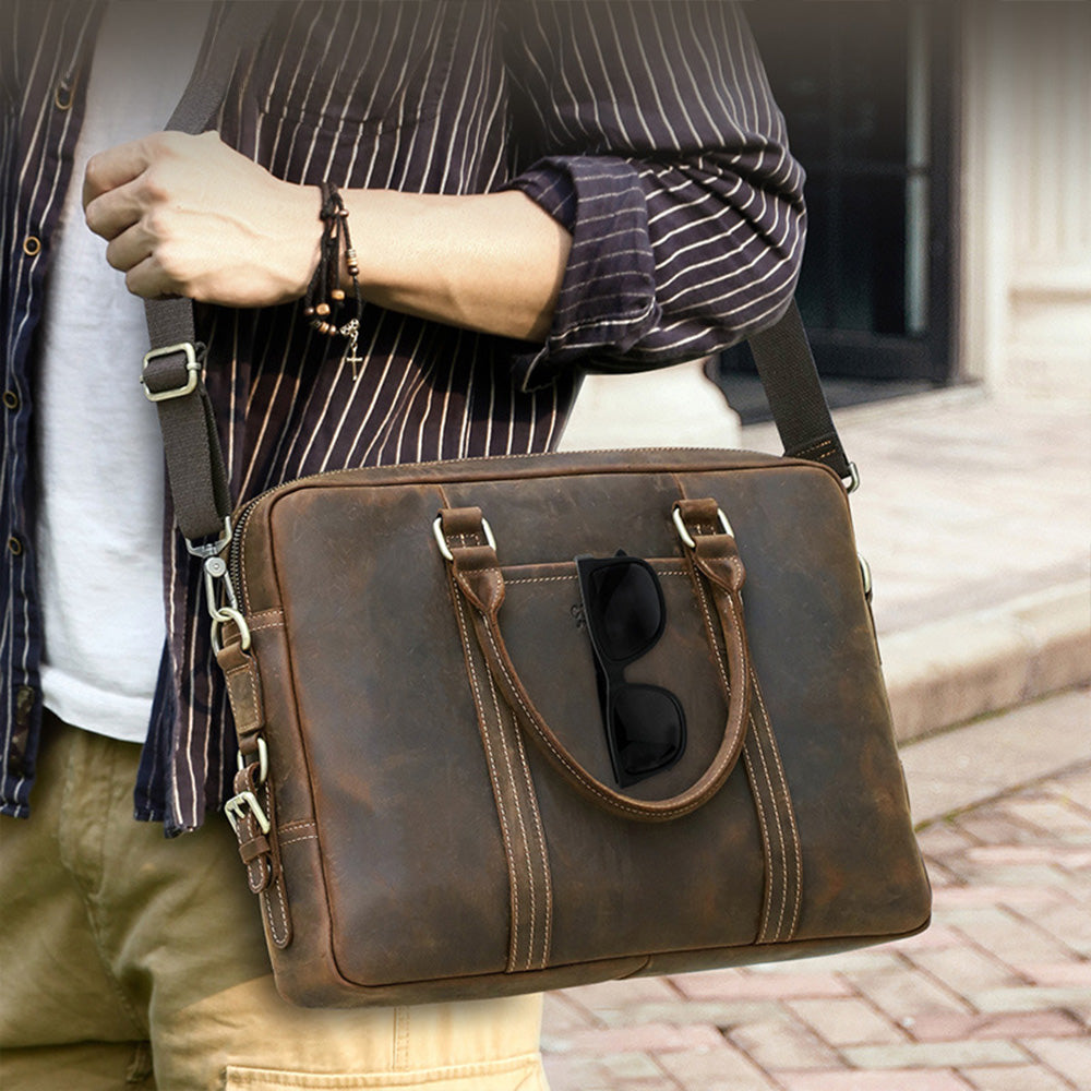 Brown Leather Briefcase for Men | 14-Inch Laptop Bag, Distressed Leather School & Work Bag