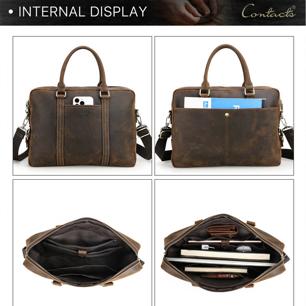 Brown Leather Briefcase for Men | 14-Inch Laptop Bag, Distressed Leather School & Work Bag