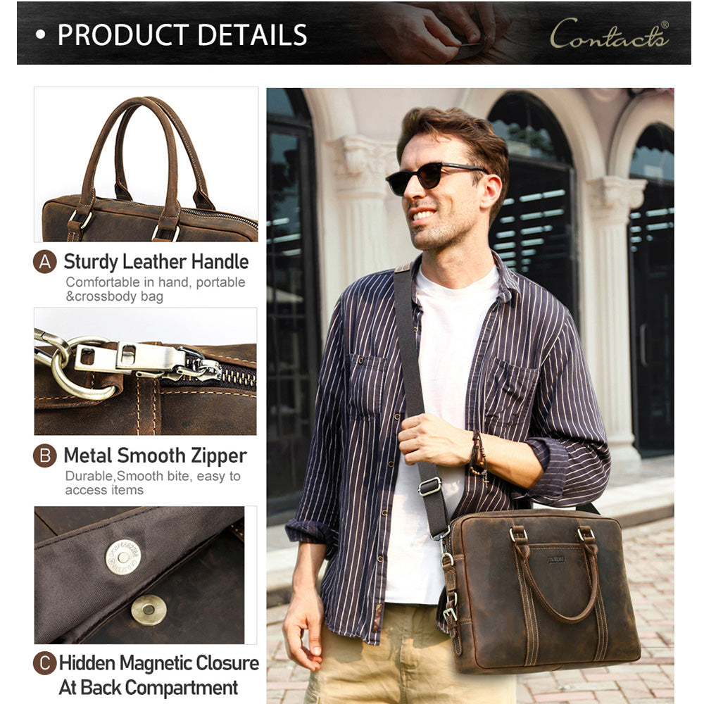 Brown Leather Briefcase for Men | 14-Inch Laptop Bag, Distressed Leather School & Work Bag