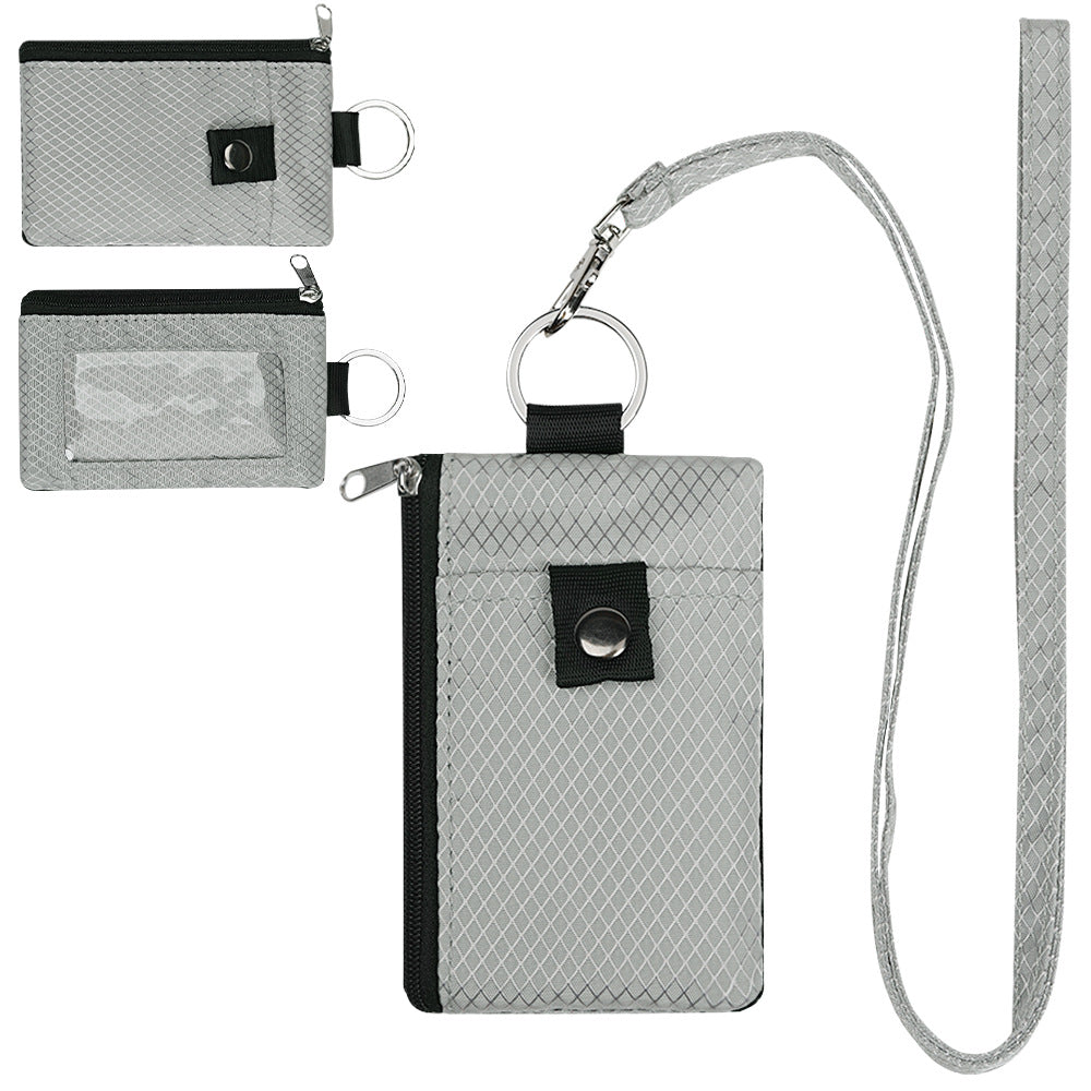 RFID Blocking Zip ID Wallet: Compact, Water-Resistant with Lanyard for Travel silver