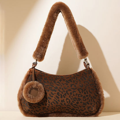 Suede Leopard Print Light Luxury Versatile Shoulder Bag With Faux Fur