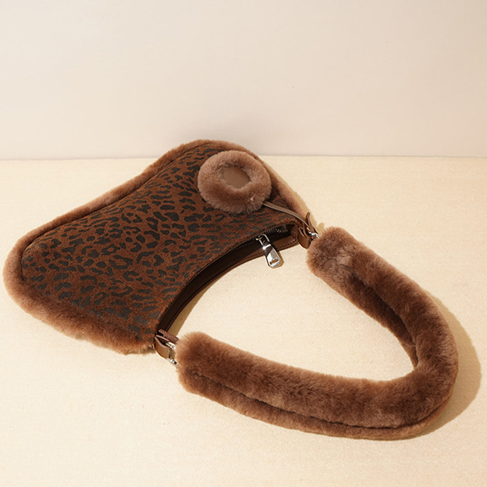 Suede Leopard Print Light Luxury Versatile Shoulder Bag With Faux Fur