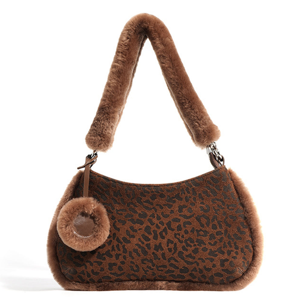 Suede Leopard Print Light Luxury Versatile Shoulder Bag With Faux Fur