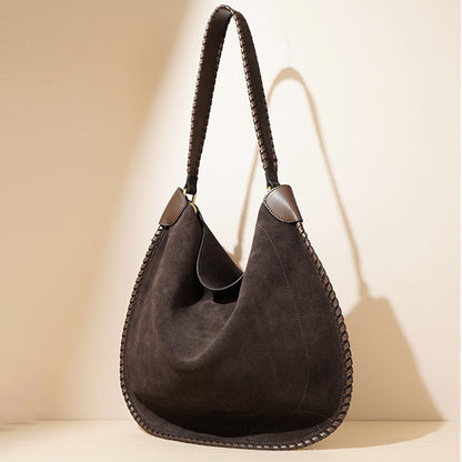 Hobo Soft Bag | Braided Suede Calfskin Leather Shoulder Bag - Brown