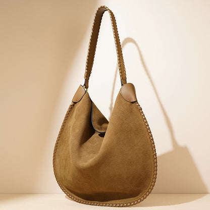 Hobo Soft Bag In Braided Suede Calfskin Leather Suede Shoulder Bag - Brown